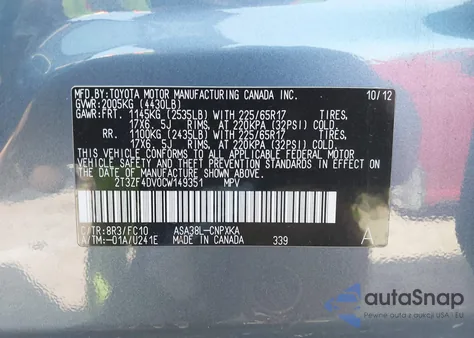 2012 Toyota Rav4 from USA, damaged, VIN 2T3ZF4DV0CW149351